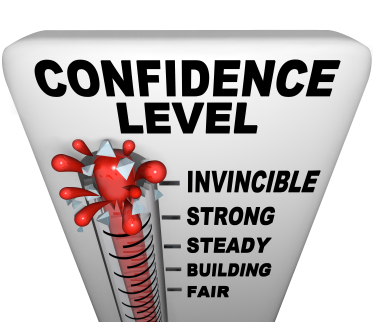 A thermometer with mercury bursting through the glass, and the words Confidence Level, symbolizing a positive attitude